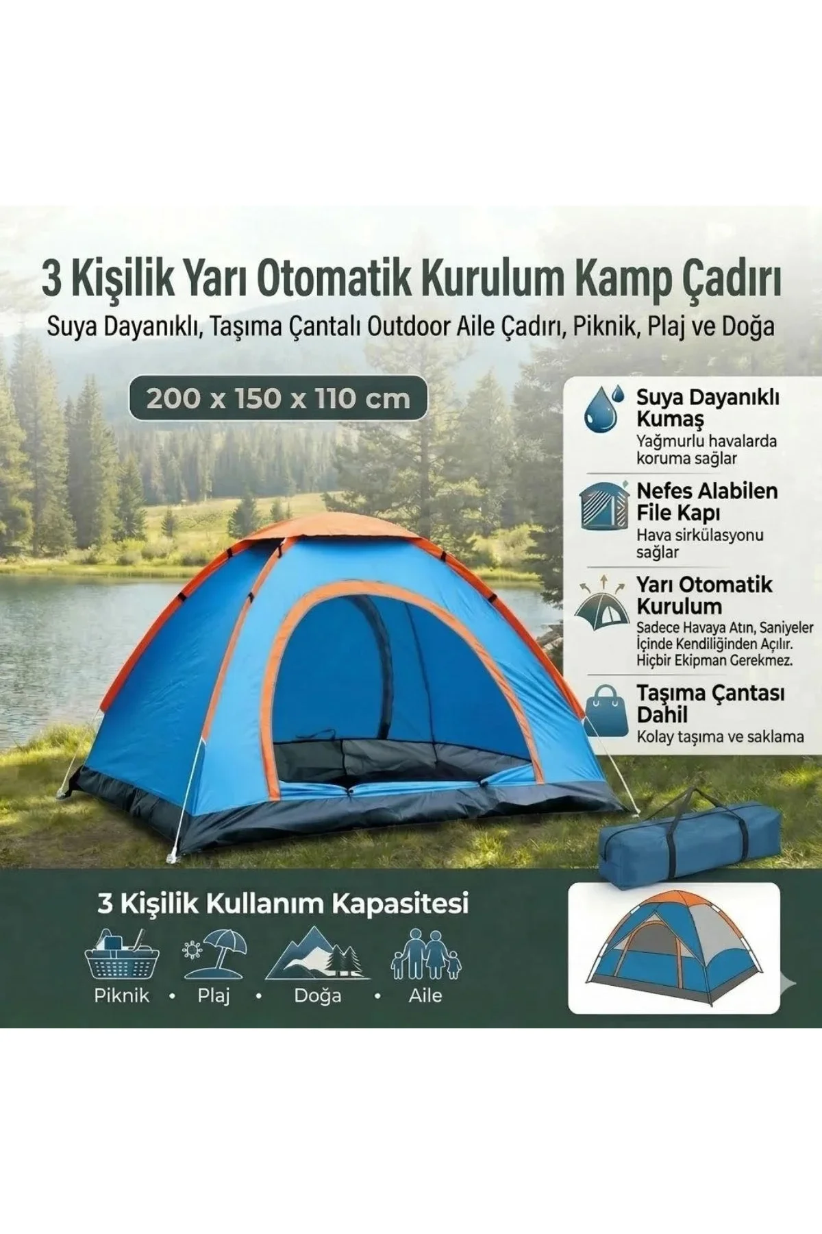 3 Kişilik Yarı Otomatik Kurulum Kamp Çadırı – Suya Dayanıklı, Taşıma Çantalı Outdoor Aile Çadırı, Pi 3 Kişilik Yarı Otomatik Kurulum Kamp Çadırı – Suya Dayanıklı, Taşıma Çantalı Outdoor Aile Çadırı, Pi