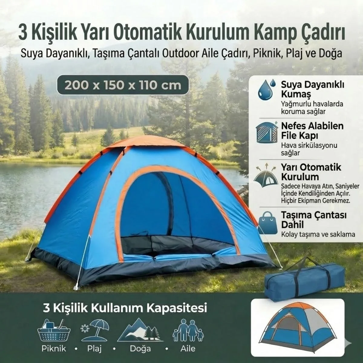 3 Kişilik Yarı Otomatik Kurulum Kamp Çadırı – Suya Dayanıklı, Taşıma Çantalı Outdoor Aile Çadırı, Piknik, Plaj Ve Doğa 200x150x110 Cm Bx40 Fiyatı, Yorumları ve Özellikleri