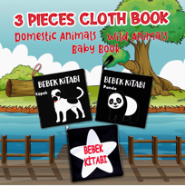 3 Kitap Tox Siyah-Beyaz Evcil, Vahşi Hayvanlar ve Bebek Kumaş Ses