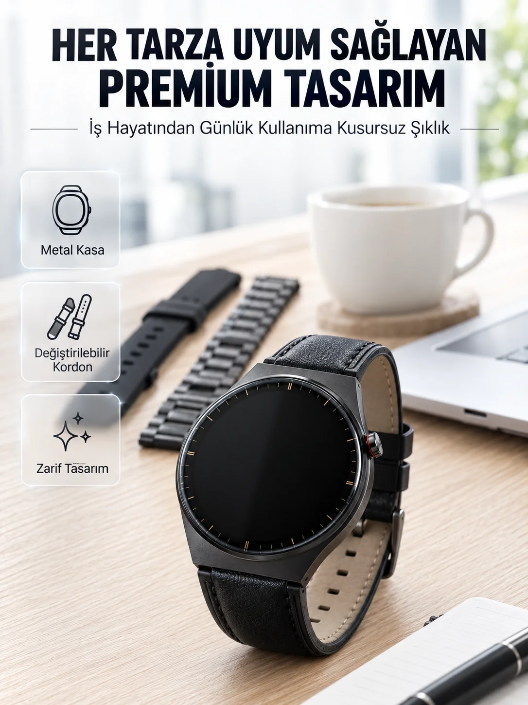 3 Kordonlu AMOLED Ekran Bluetooth Aramalı Akıllı Saat Metal, Deri ve Silikon Kordon Seti 3 Kordonlu AMOLED Ekran Bluetooth Aramalı Akıllı Saat Metal, Deri ve Silikon Kordon Seti