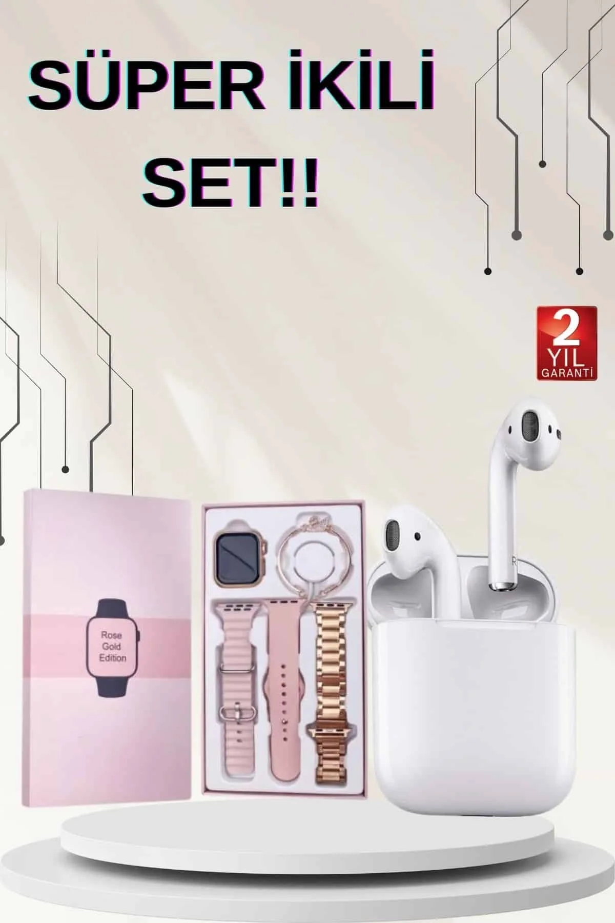 3 Kordonlu Dokunmatik Ekran Akıllı Saat ve 2.Nesil Kablosuz Bluetooth Kulaklık ANC/ENC