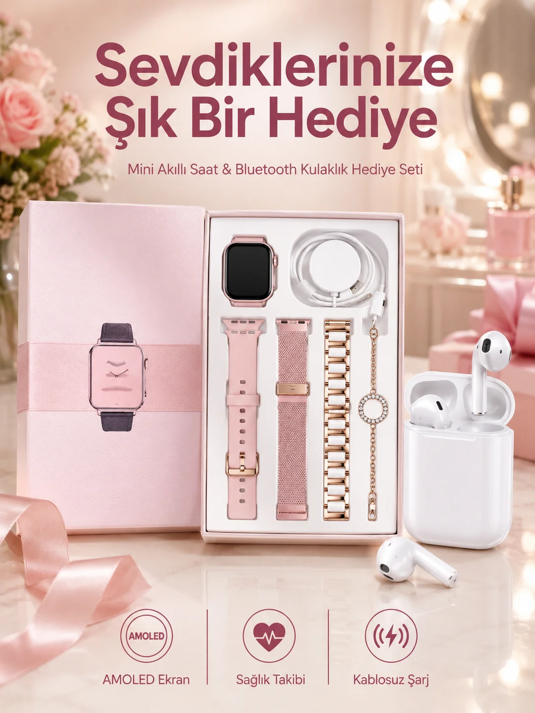 3 Kordonlu Dokunmatik Ekran Akıllı Saat ve 2.Nesil Kablosuz Bluetooth Kulaklık ANC/ENC 3 Kordonlu Dokunmatik Ekran Akıllı Saat ve 2.Nesil Kablosuz Bluetooth Kulaklık ANC/ENC
