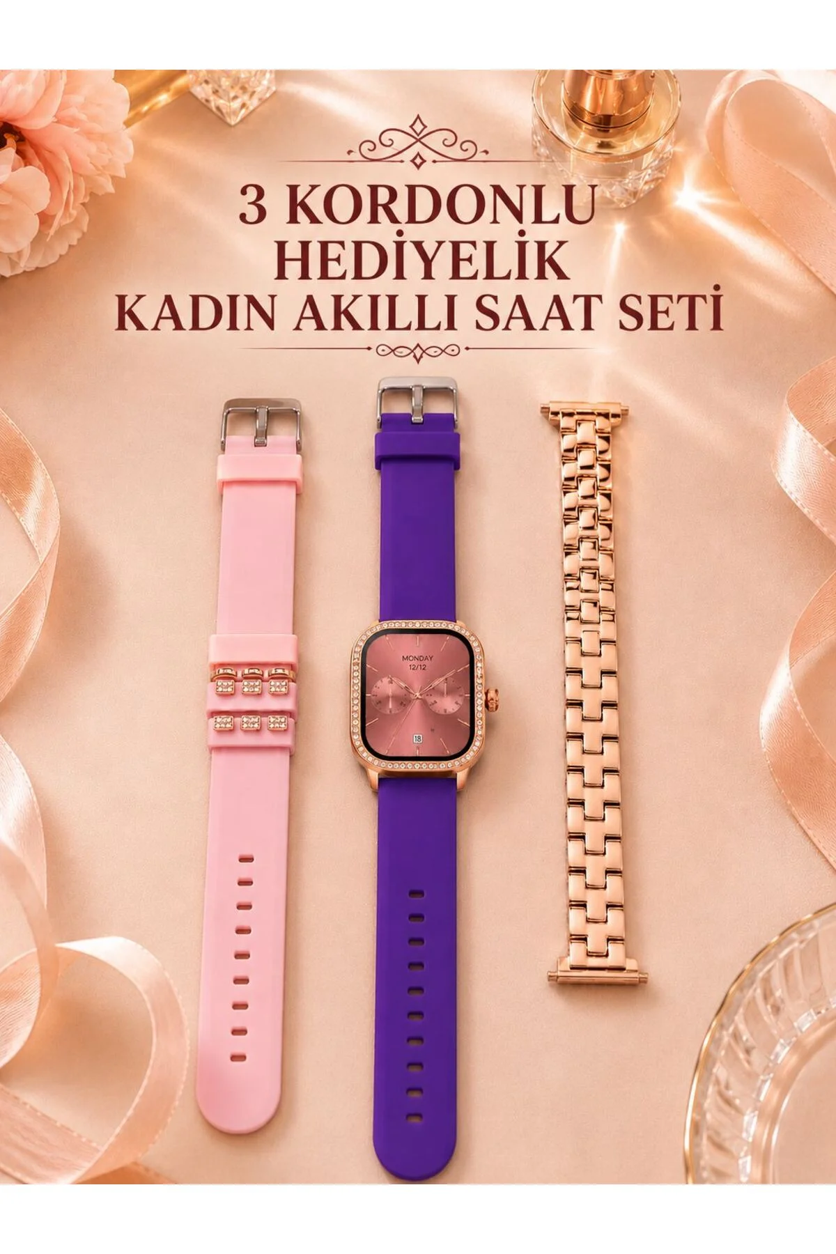 3 Kordonlu Rose Gold Kasalı Kadın Akıllı Saat Seti 3 Kordonlu Rose Gold Kasalı Kadın Akıllı Saat Seti