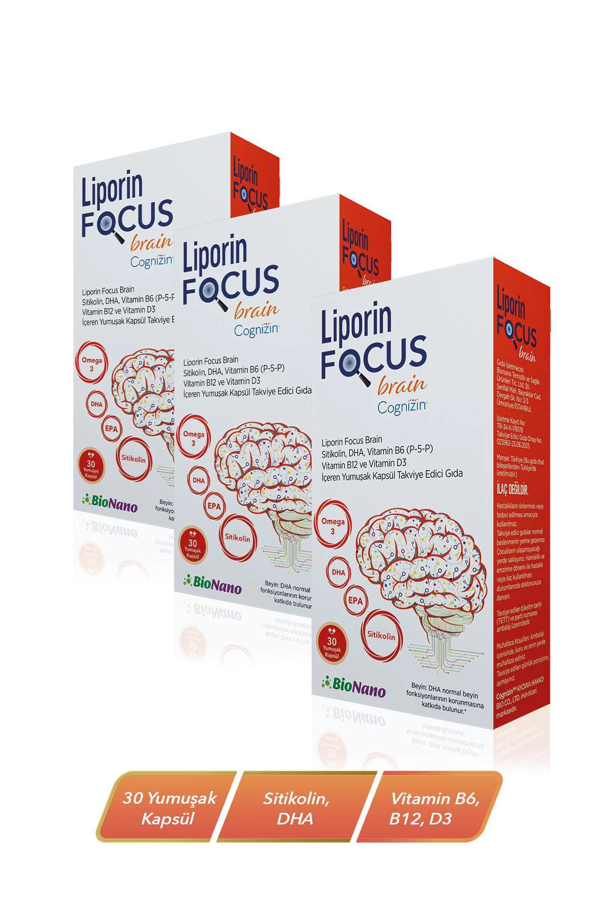 3 Kutu Focus Brain Sitikolin, DHA, Vitamin B6(P-5-P) ,Vitamin B12 ve Vitamin D3 30 Kapsül 3 Kutu Focus Brain Sitikolin, DHA, Vitamin B6(P-5-P) ,Vitamin B12 ve Vitamin D3 30 Kapsül