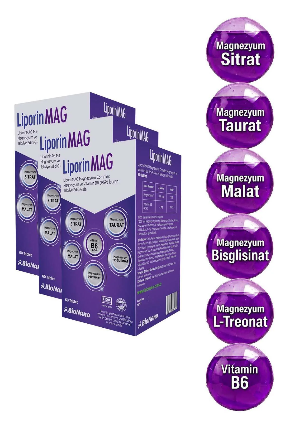 3 Kutu LiporinMAG Magnezyum Complex (Sitrat, Malat, Bisglisinat, Taurat, L-Treonat) B6 200 mg 3 Kutu LiporinMAG Magnezyum Complex (Sitrat, Malat, Bisglisinat, Taurat, L-Treonat) B6 200 mg