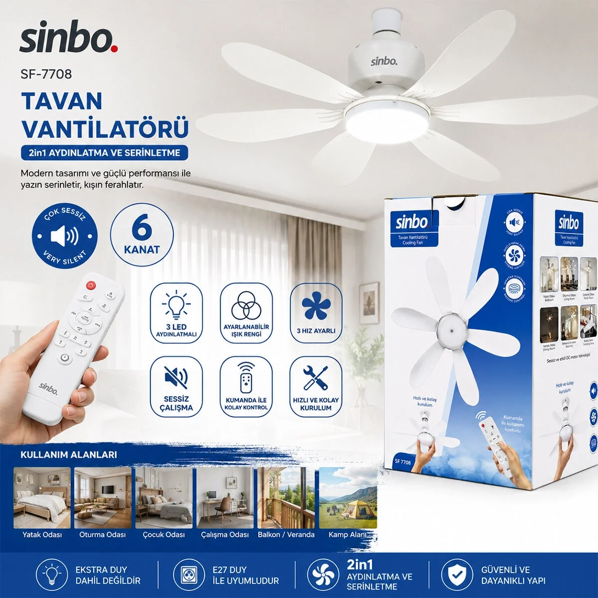 3 Led Aydınlatmalı - Sessiz Çalışma 6 Kanat - Kumanda Tavan Vantilatör Sf-7708 Bx40 Fiyatı, Yorumları ve Özellikleri