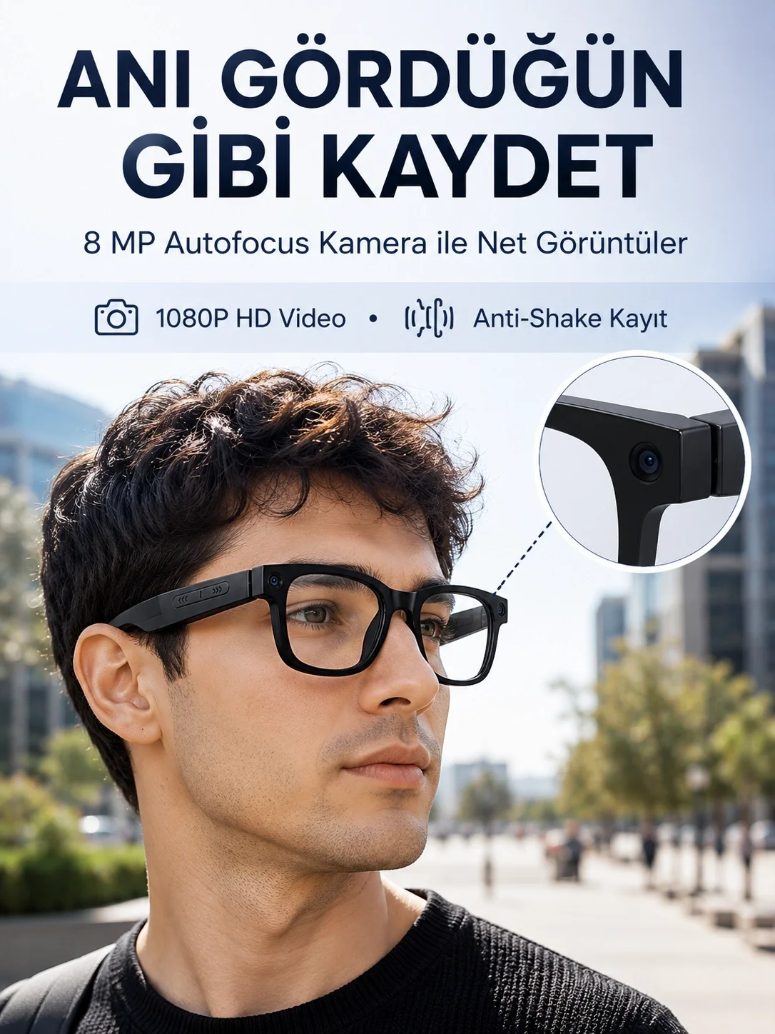 3 Lensli Akıllı Kamera Gözlüğü AI Görüntü Tanıma Çoklu Dil Çeviri 32 GB Hafıza WiFi ve Hızlı Şarj Özellikli