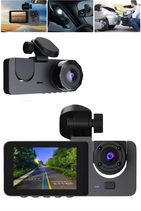 3 Lensli Araç İçi Sürüş Kaydedici ve Park Kamerası - 1080P HD Ön + 720P Arka + VGA İç Kamera