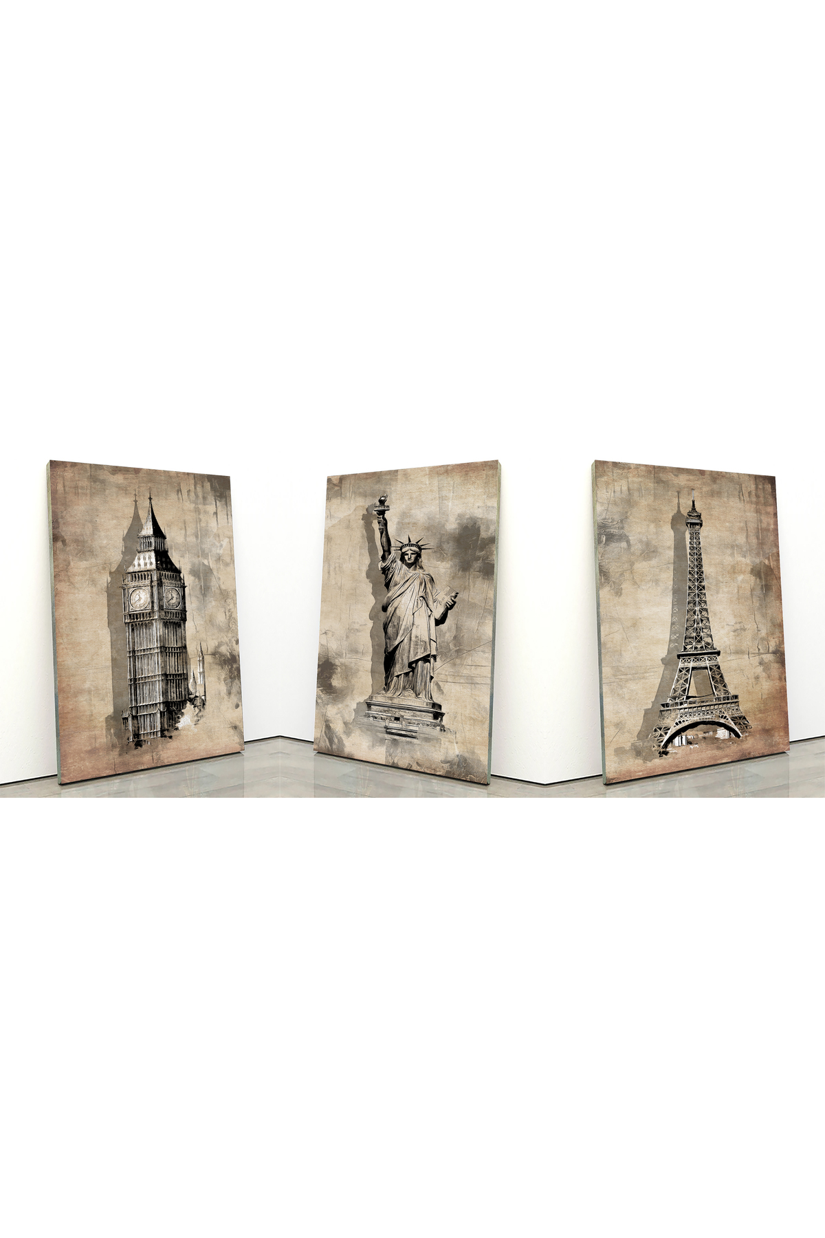 Korkmazkanvas 3 Londra Paris Amerika’Nın Vintage Soyut Eskiz Resmi. 3'Lü Kanvas