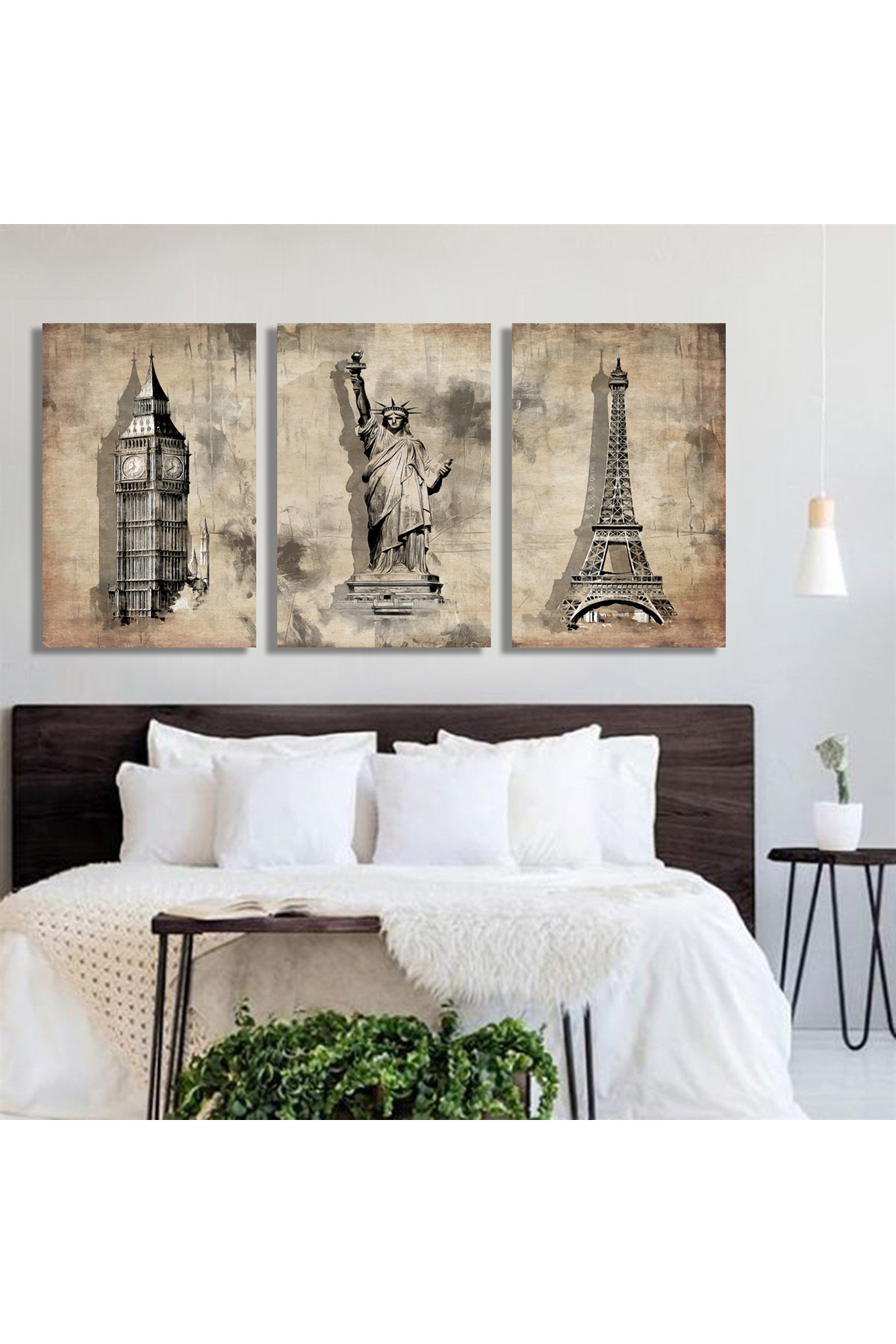 Korkmazkanvas 3 Londra Paris Amerika’Nın Vintage Soyut Eskiz Resmi. 3'Lü Kanvas