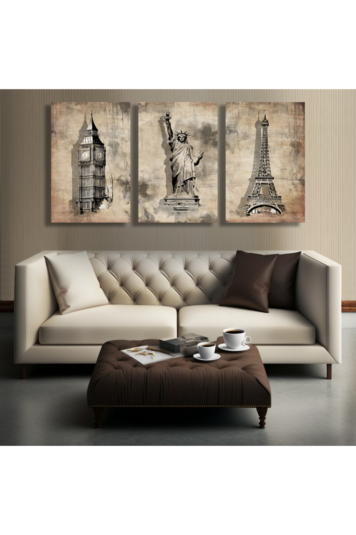 Korkmazkanvas 3 Londra Paris Amerika’Nın Vintage Soyut Eskiz Resmi. 3'Lü Kanvas