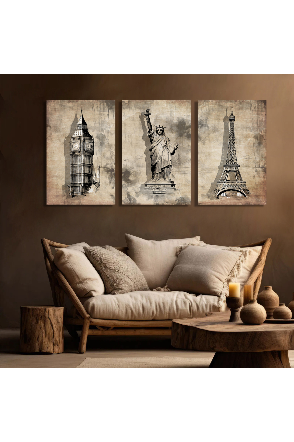 Korkmazkanvas 3 Londra Paris Amerika’Nın Vintage Soyut Eskiz Resmi. 3'Lü Kanvas