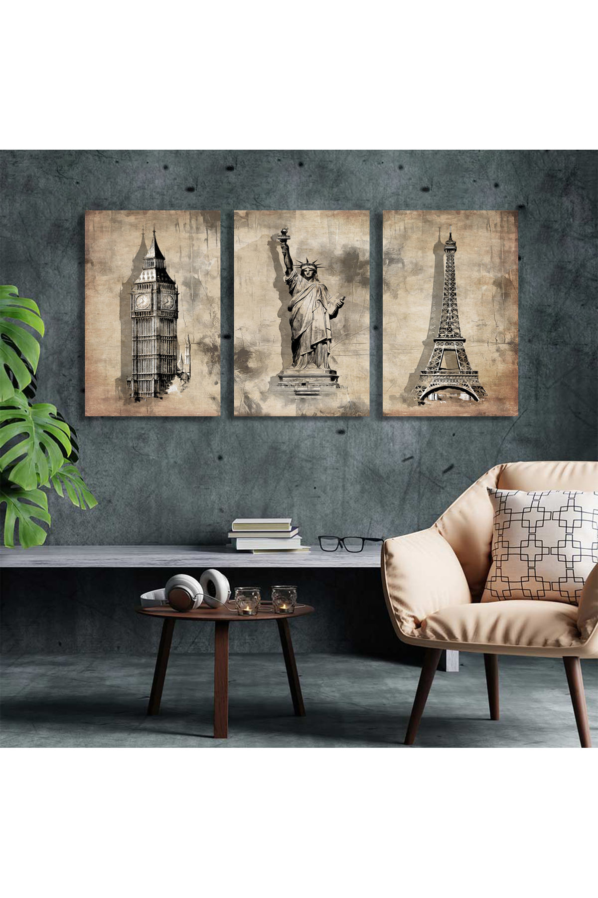 Korkmazkanvas 3 Londra Paris Amerika’Nın Vintage Soyut Eskiz Resmi. 3'Lü Kanvas