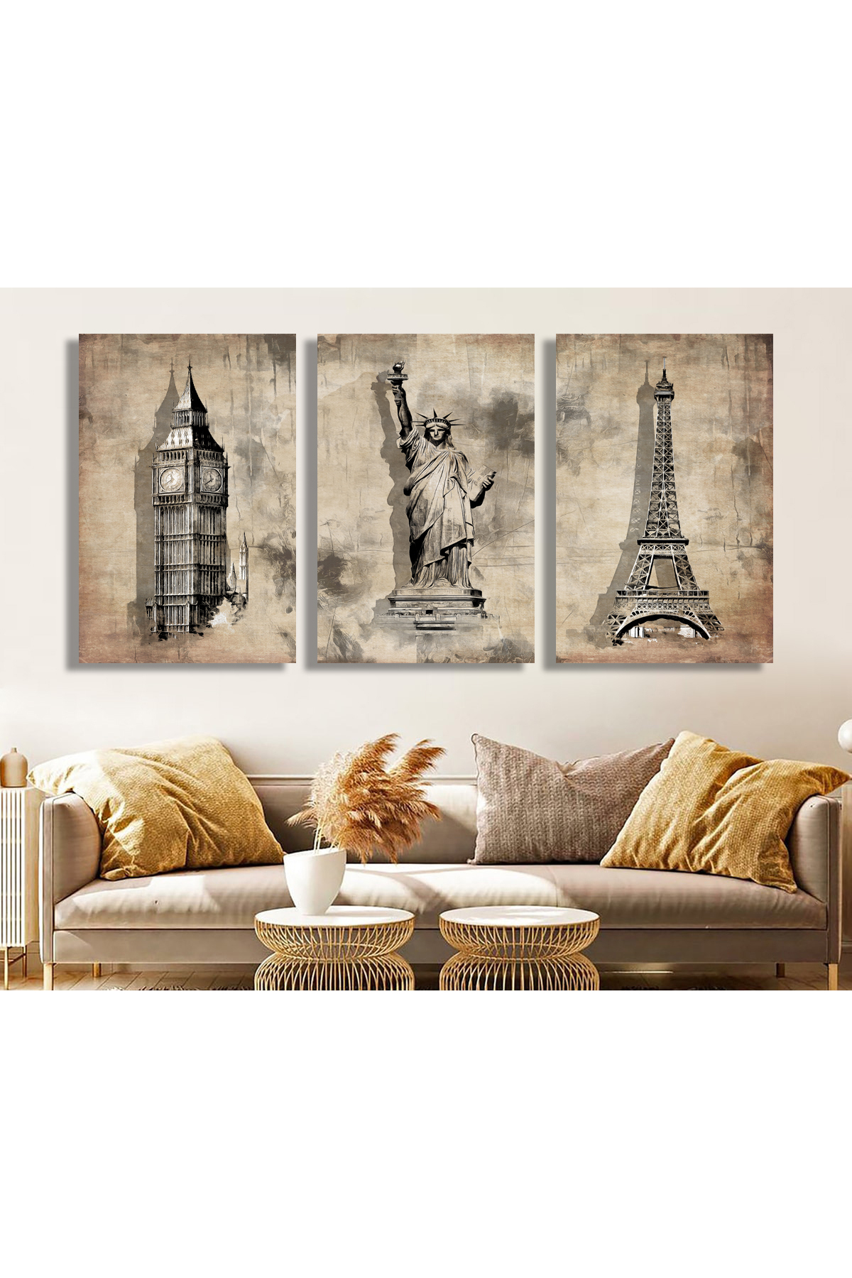 Korkmazkanvas 3 Londra Paris Amerika’Nın Vintage Soyut Eskiz Resmi. 3'Lü Kanvas