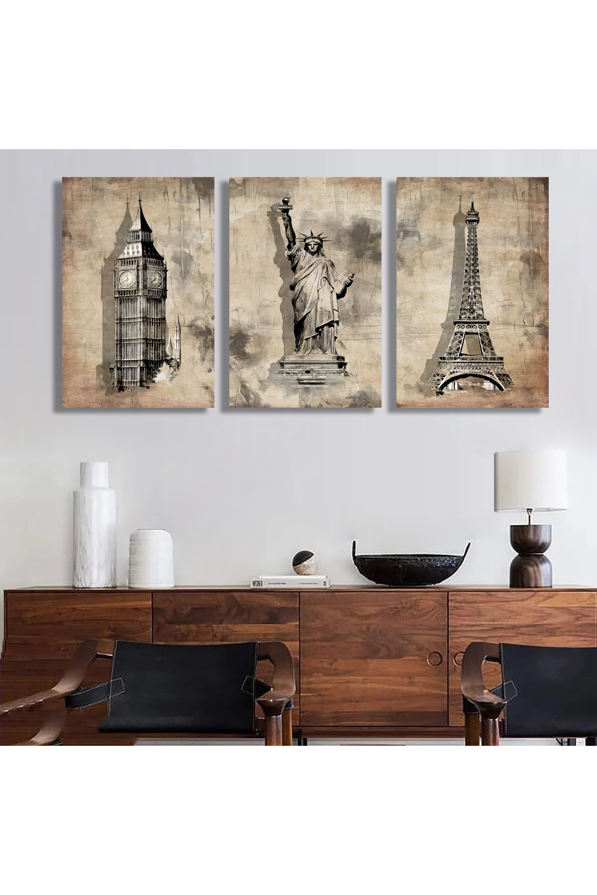 Korkmazkanvas 3 Londra Paris Amerika’Nın Vintage Soyut Eskiz Resmi. 3'Lü Kanvas