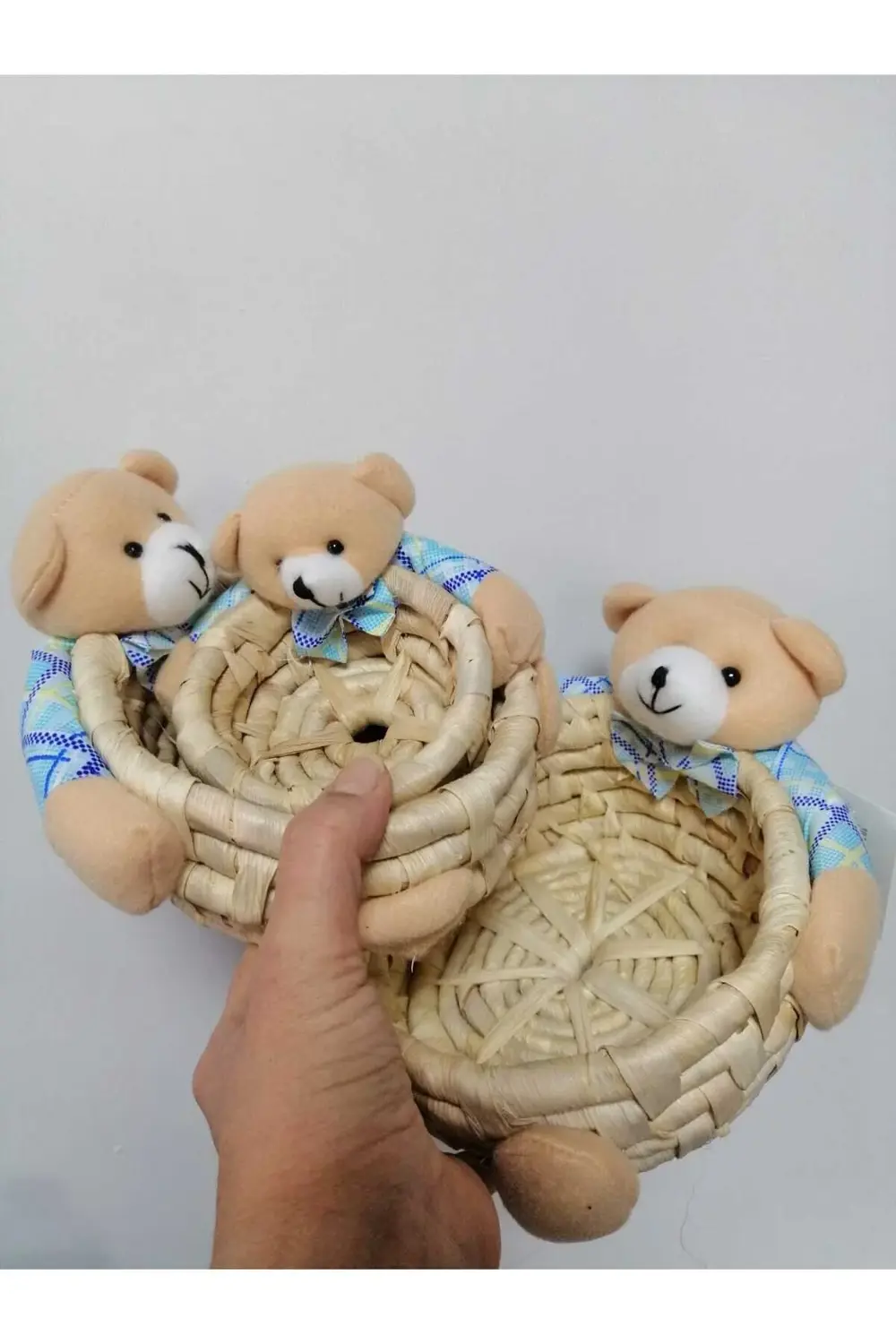 3 Lü Ayıcık Figürlü Hasır Küçük Sele 18,14,10cm