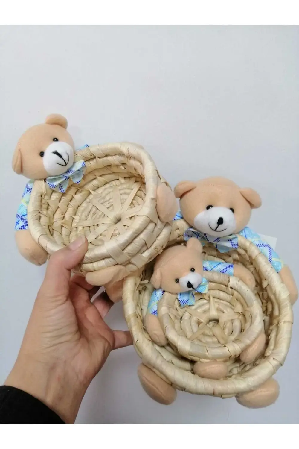 3 Lü Ayıcık Figürlü Hasır Küçük Sele 18,14,10cm