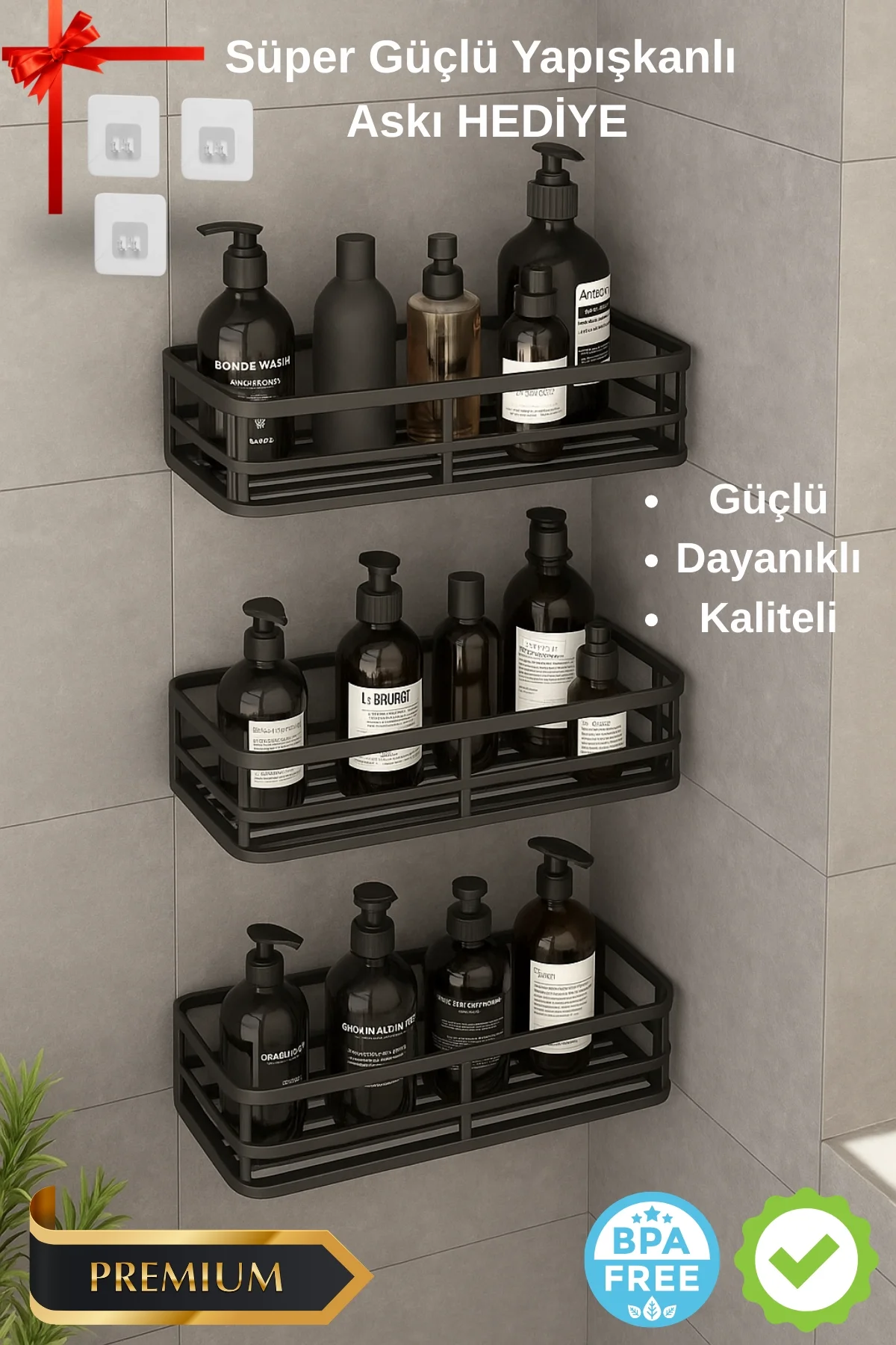 3 lü Banyo Düzenleyici Organizer Şampuanlık Havlupan Askısı Havluluk Siyah Banyo Duş Mutfak Rafı