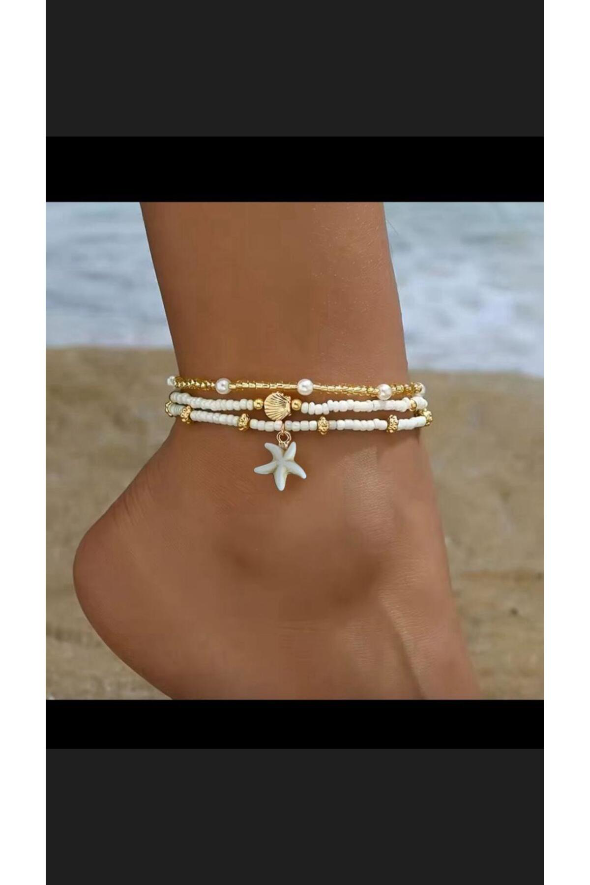 3 LÜ DENİZ YILDIZLI GOLD İSTİRİDYE DETAYLI ZARİF HALHAL