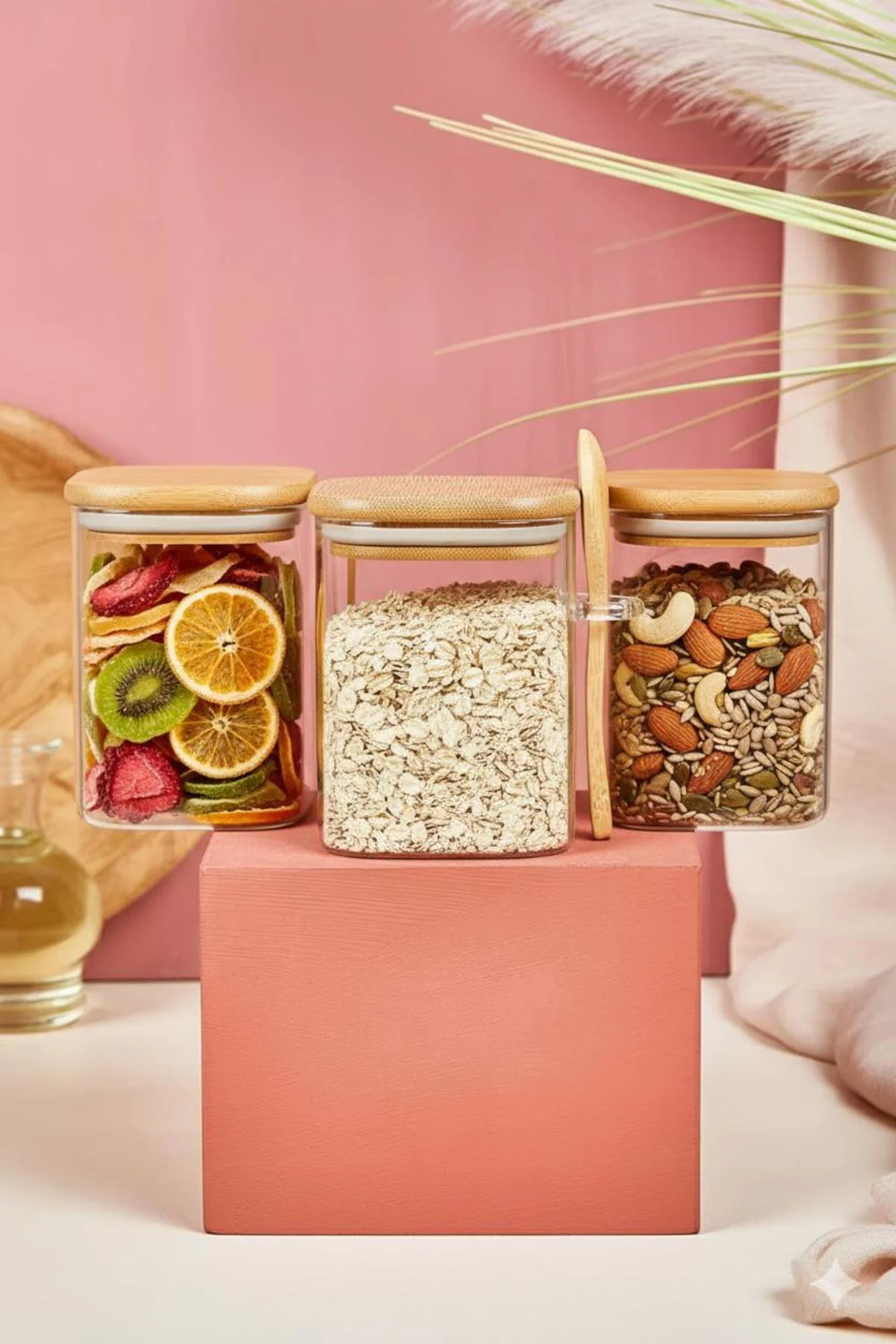 3 lü Kaşıklı Cam Kavanoz Seti Baharatlık Saklama Kavanozu 450 ml