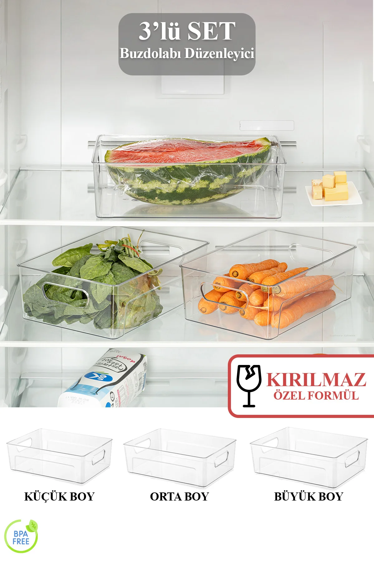 3 lü Kırılmaz Ultra Dayanıklı Buzdolabı Düzenleyici Organizer Kut