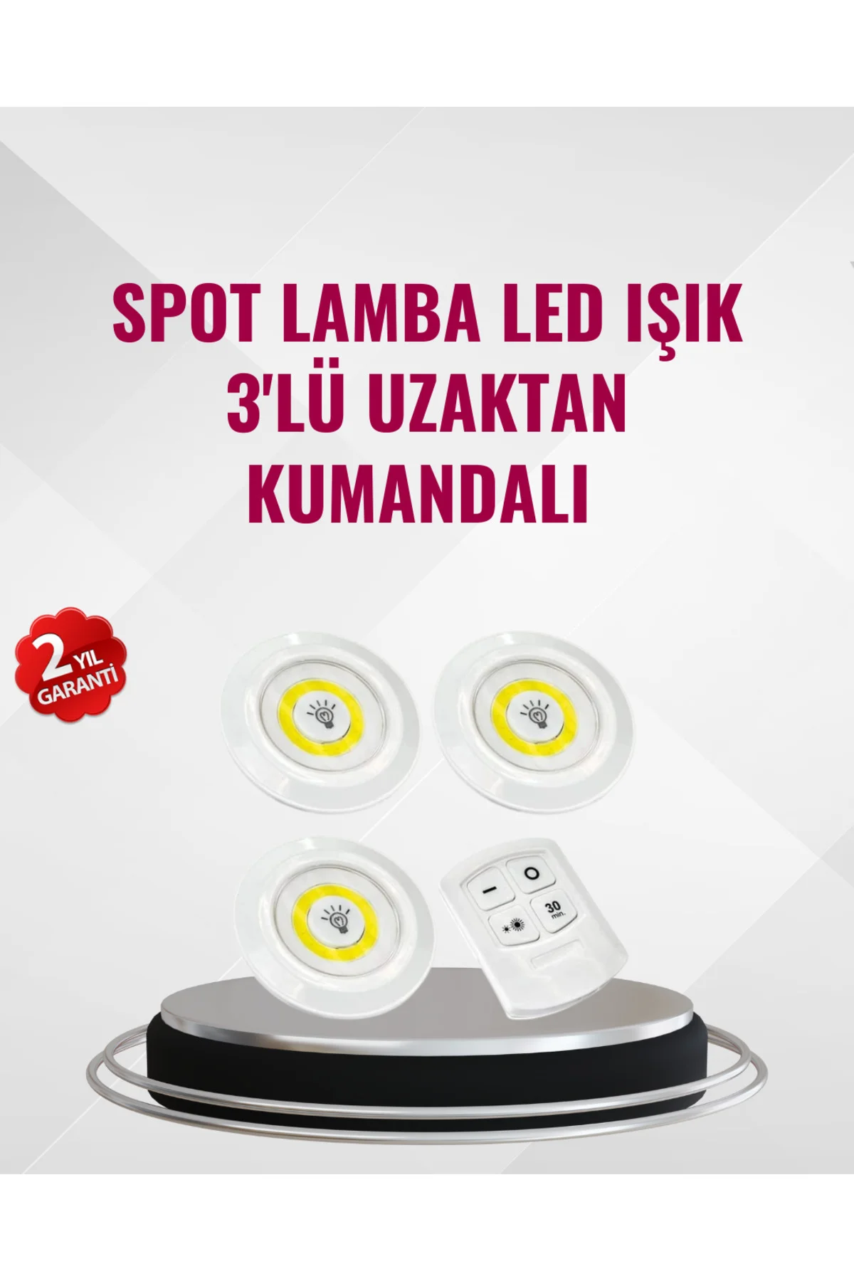 3 Lü Pilli Kablosuz Led Spot Lamba Seti Kumandalı Kolay Montaj Aydınlatma