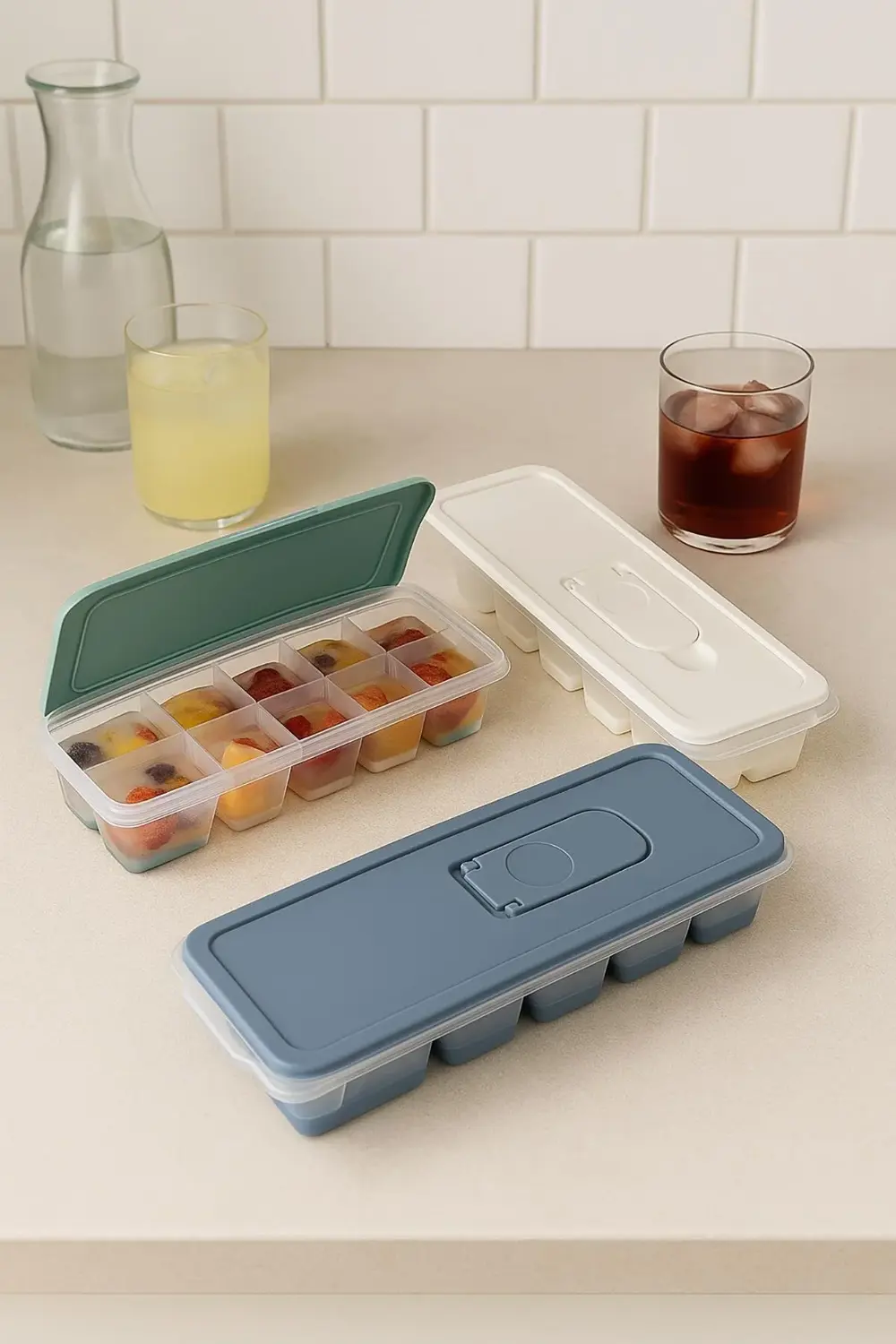 3 lü Set 12 Hazneli Bas Çıkar Buzluk & Buz Kabı