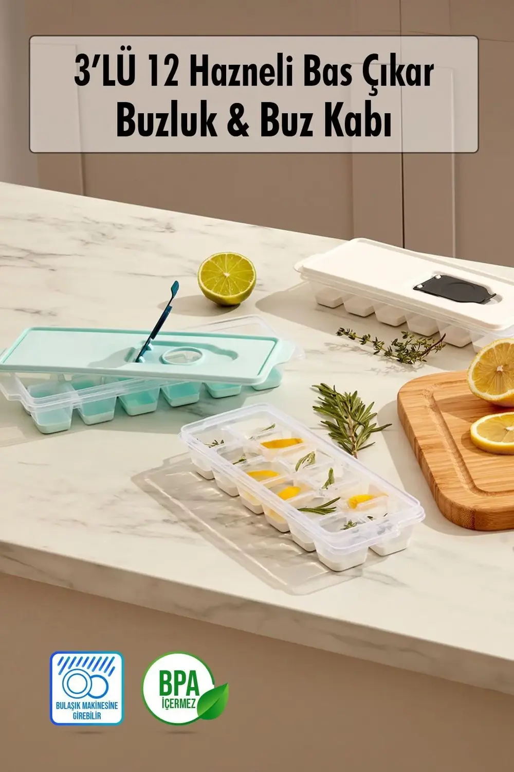 3 lü Set 12 Hazneli Bas Çıkar Buzluk & Buz Kabı