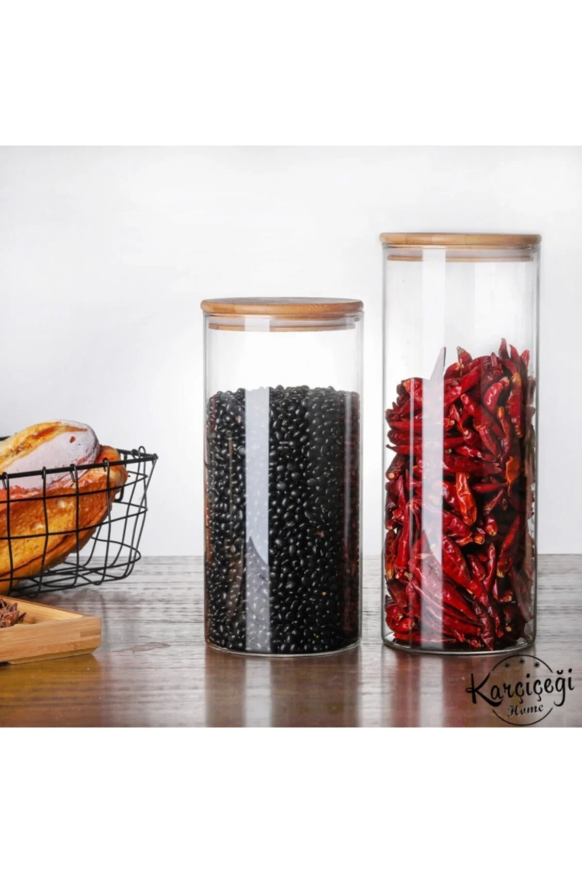 3 Lü Set 1400 ml Bambu Kapaklı Kavanoz Baharatlık Vakumlu Borcam 