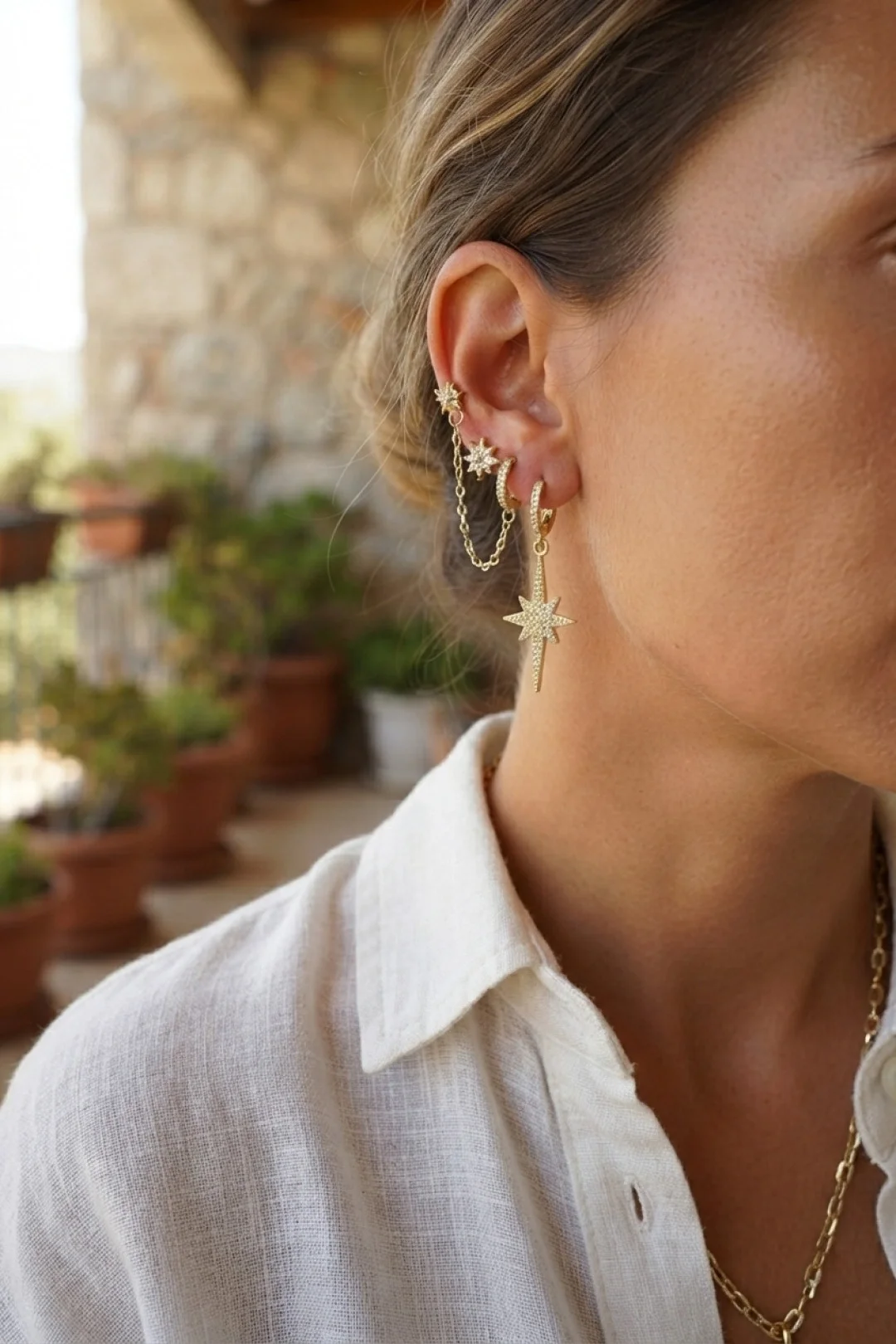 3 lü Set Küpe Gold Renk Zincir Detaylı