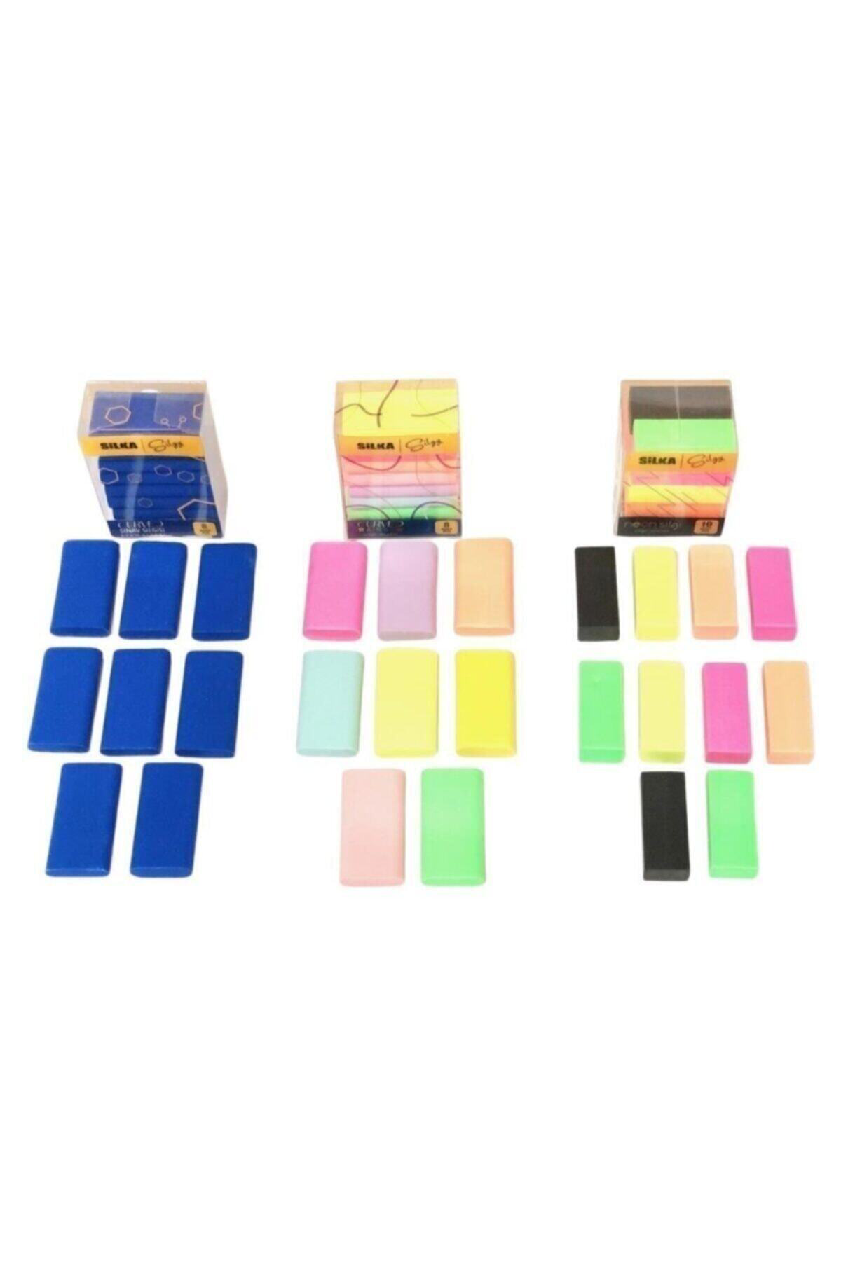 Silka 3 Lü Silgi Seti(8 Li Curved Sınav+ 8 Li Curved Rainbow+ 10 Lu Neo