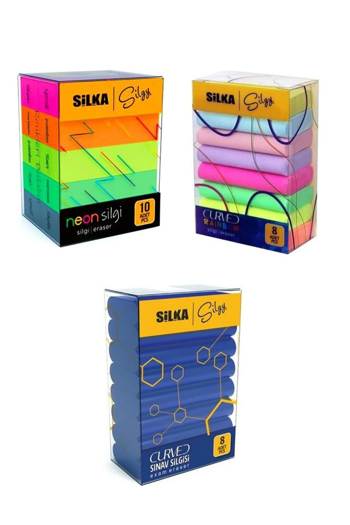 3 Lü Silgi Seti(8 Li Curved Sınav+ 8 Li Curved Rainbow+ 10 Lu Neon Silgi)