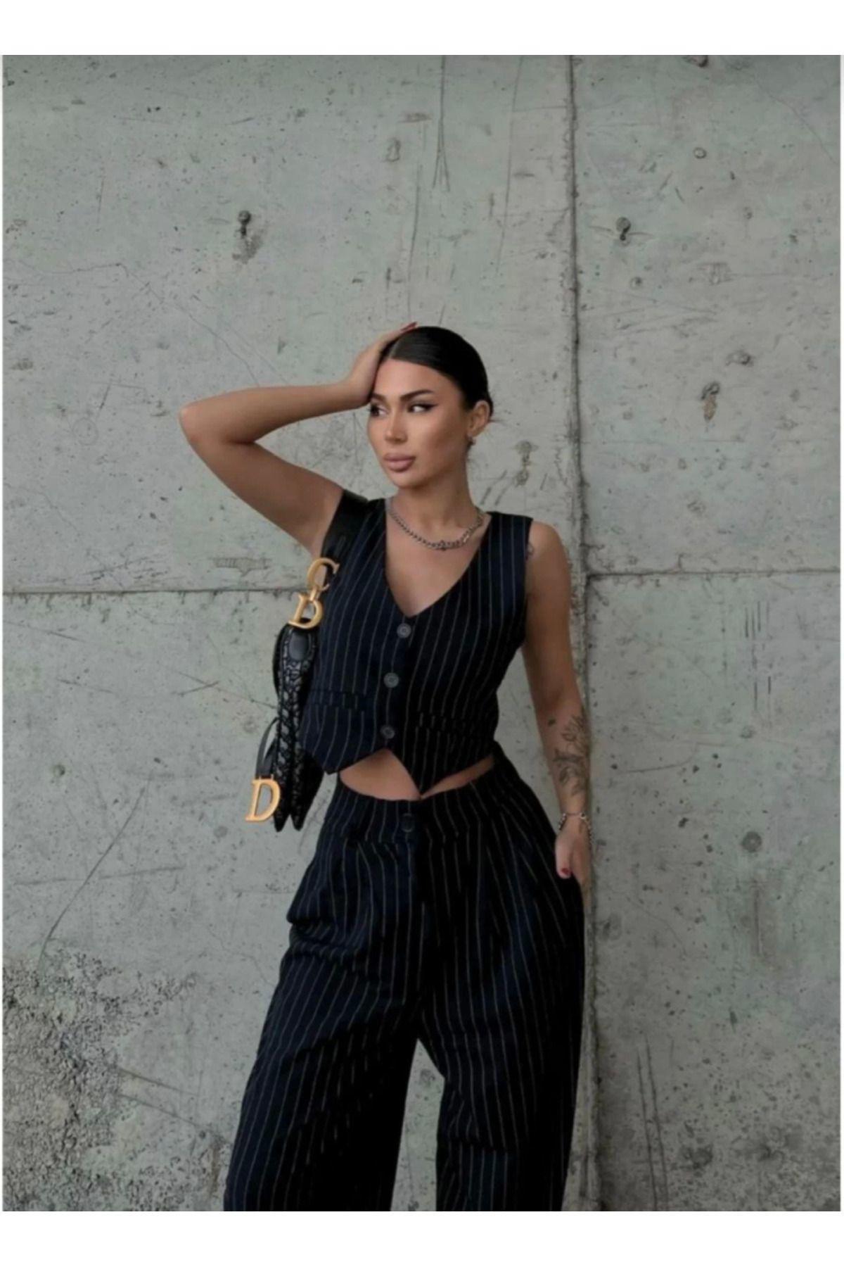 3 Lü Takım Beyaz Çizgi Detaylı Crop Yelek Ceket Bol Kesim Bol Paç