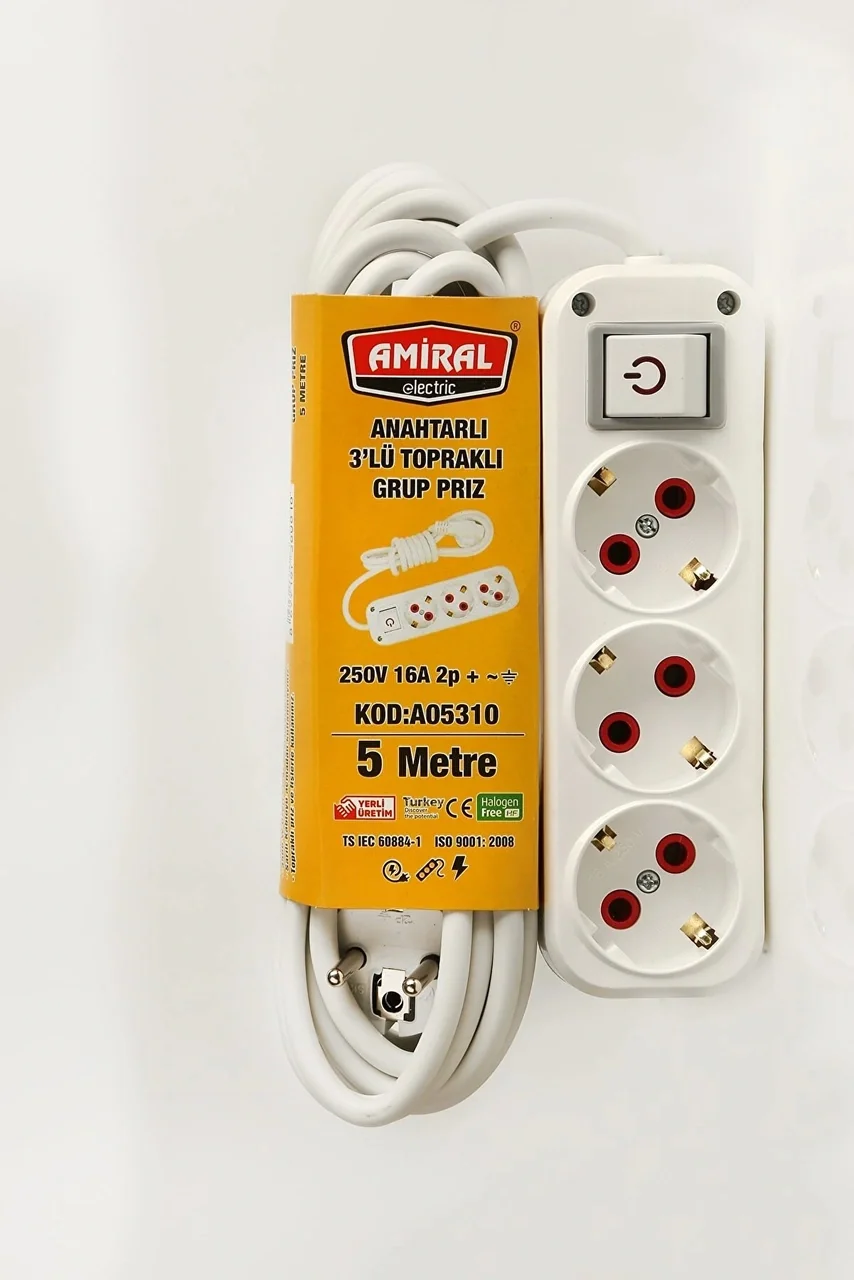 3 Lü Topraklı Anahtarlı 5 Metre Kablolu Grup Priz Diğer