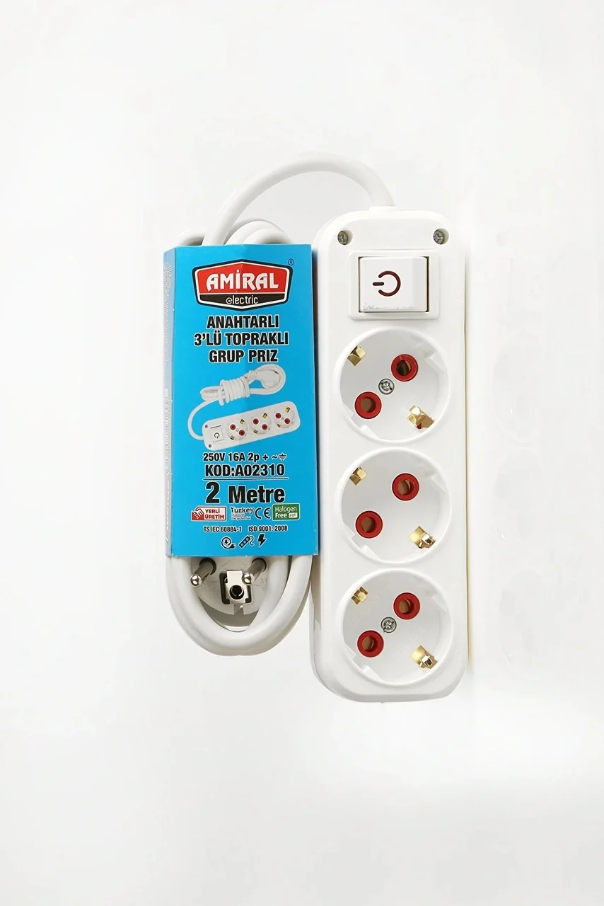 3 Lü Topraklı Anahtarlı 2 Metre Kablolu Grup Priz Diğer