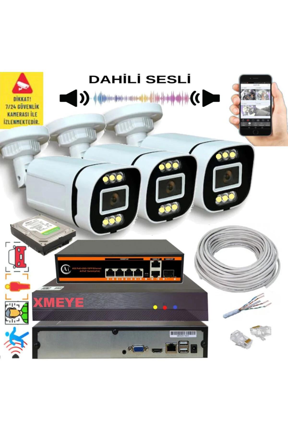 3 lü Yapay Zeka Destekli 5 MP Görüntü POE li Sesli 6 Warm Led Gec