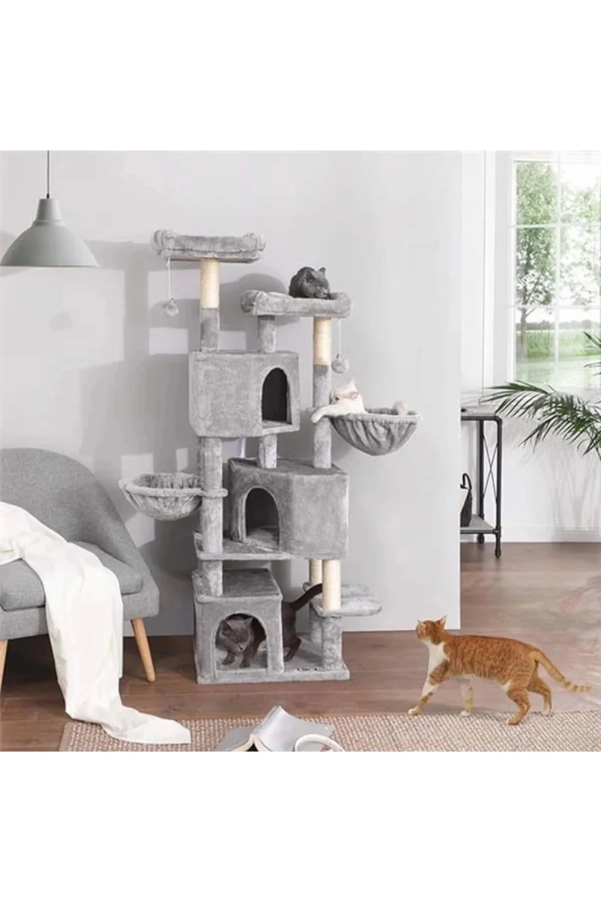 3 Mağaralı Büyük Kedi Ağacı Tırmalama Direği 164 cm