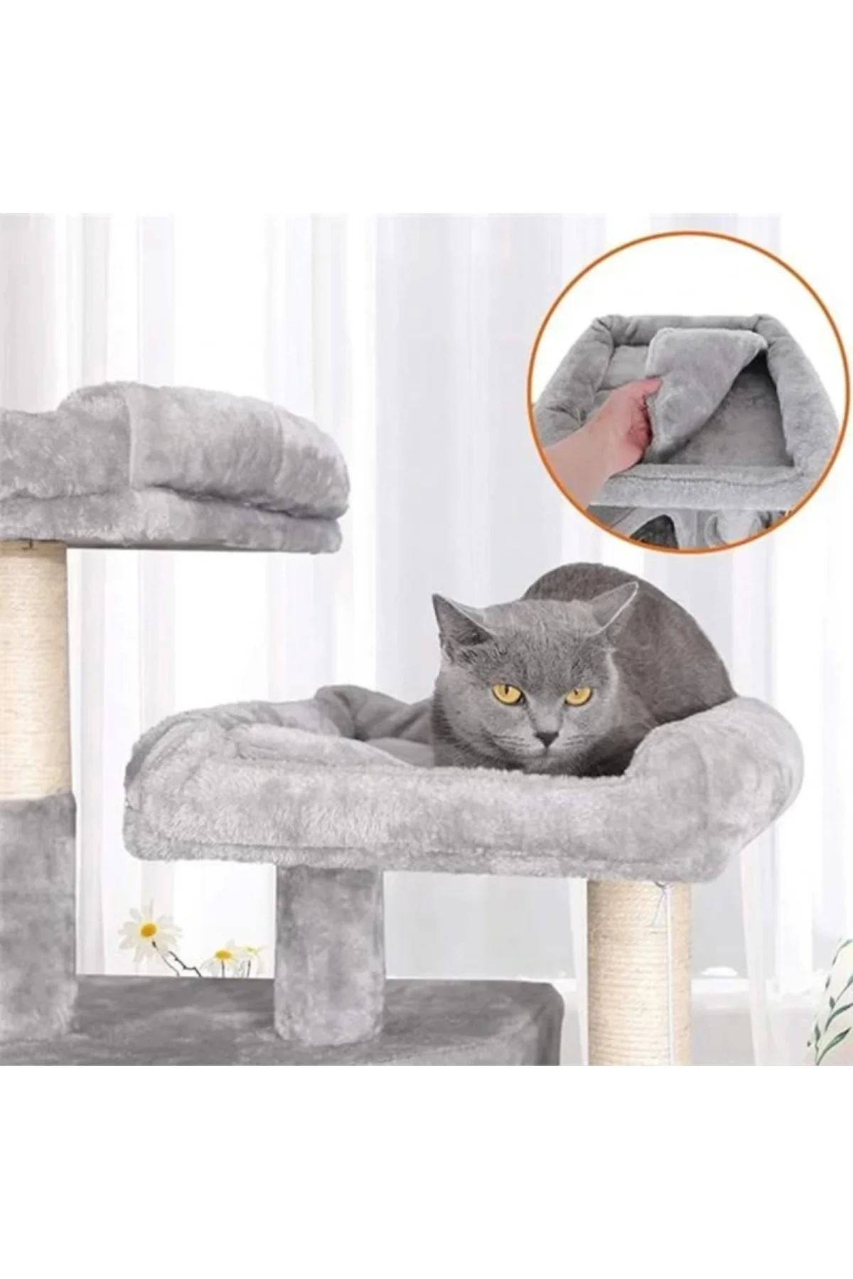 3 Mağaralı Büyük Kedi Ağacı Tırmalama Direği 164 cm