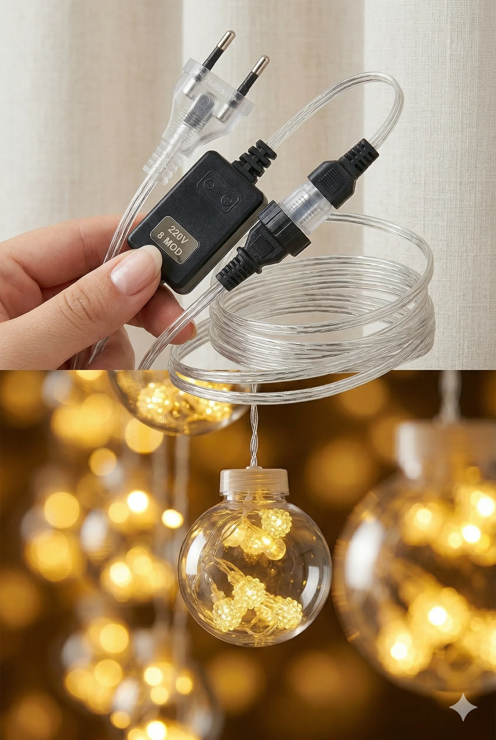 3 Metre 10 Toplu Perde LED Işık - Gün Işığı Şeffaf Dekoratif Aydınlatma - 8 Fonksiyonlu Led