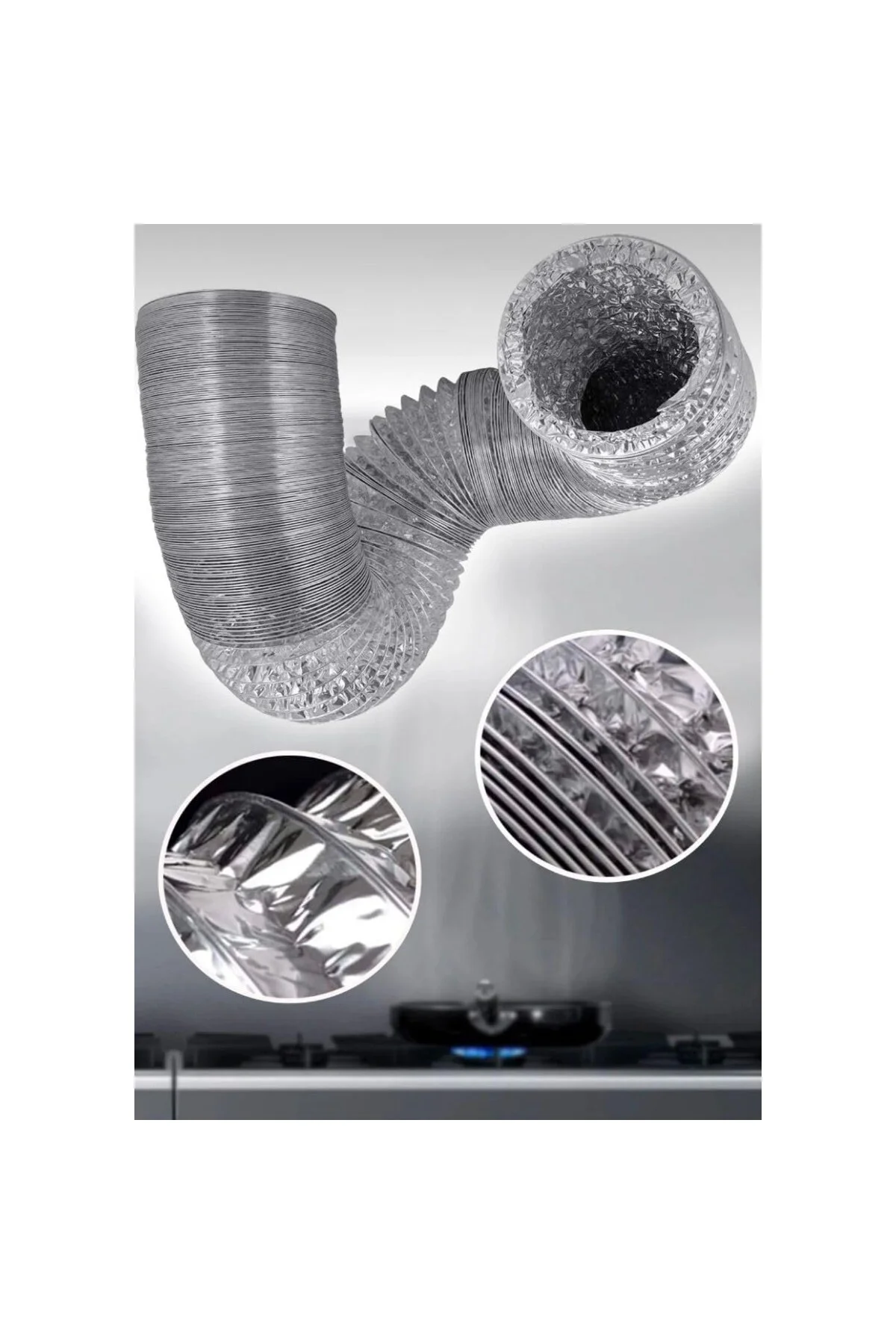 3 Metre 127 mm Alüminyum Flex Aspiratör Borusu, Isıya Dayanıklı, 