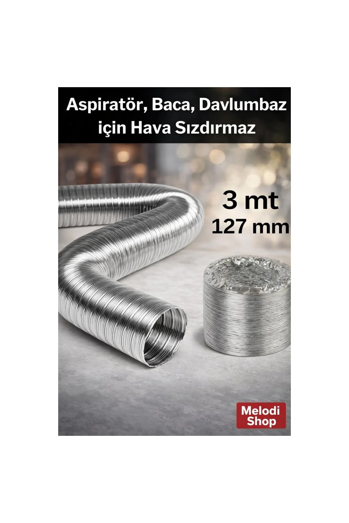 3 Metre 127 mm Alüminyum Flex Aspiratör Borusu, Isıya Dayanıklı, 