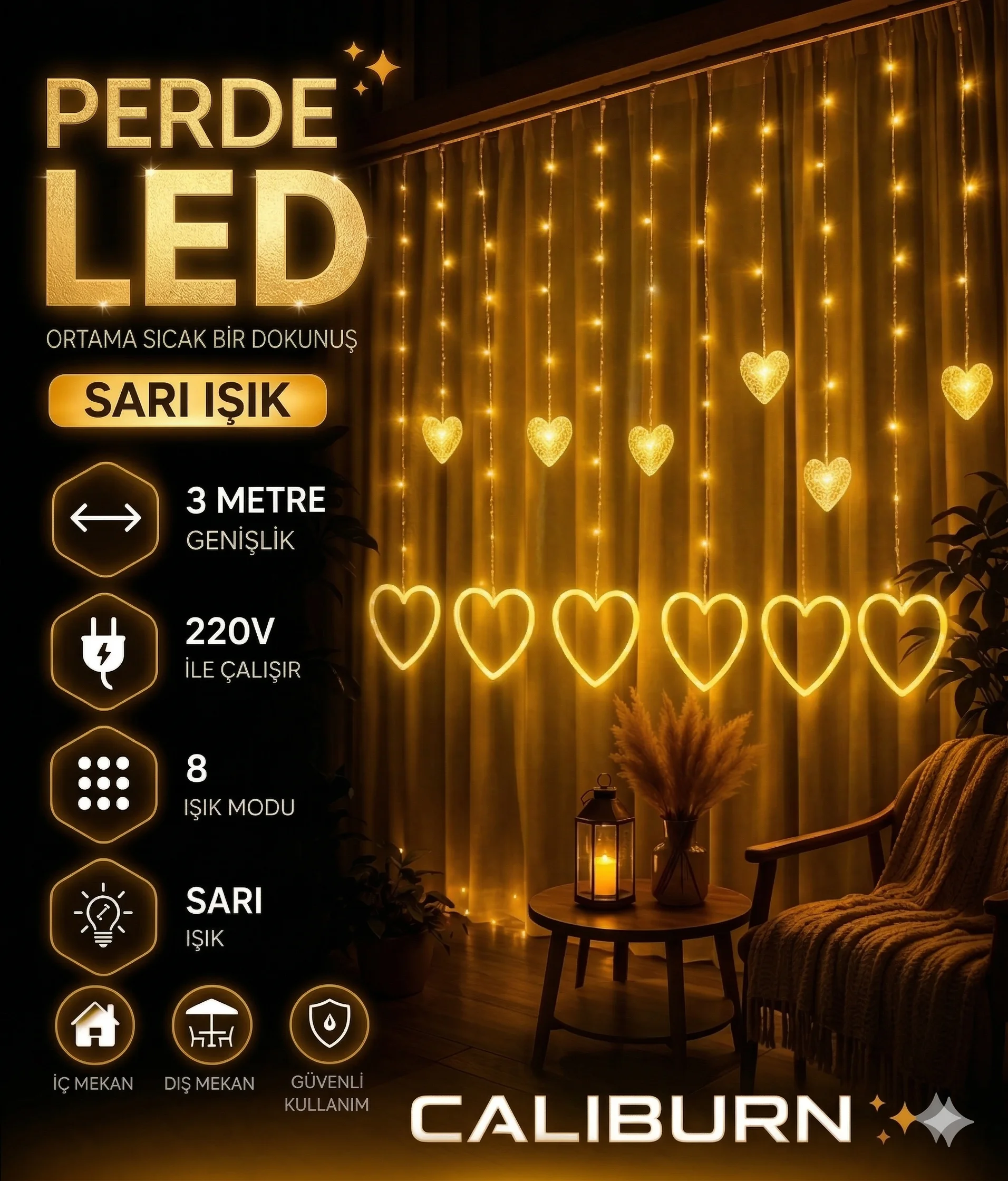 3 Metre 8 Modlu Kalp Perde LED Işık - Sarı (Sıcak Beyaz) Işık Dekoratif Işıklandırma Oda Dekoru