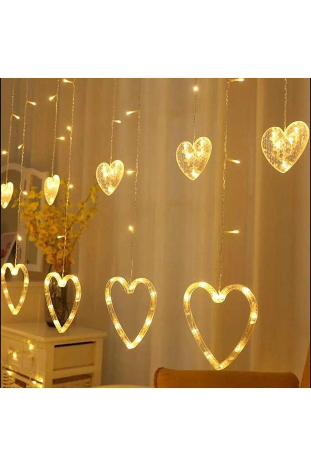 3 Metre 8 Modlu Kalp Perde Led Işık - Sarı (Sıcak Beyaz) Işık Dekoratif Işıklandırma Oda Dekoru 3 Metre 8 Modlu Kalp Perde Led Işık - Sarı (Sıcak Beyaz) Işık Dekoratif Işıklandırma Oda Dekoru