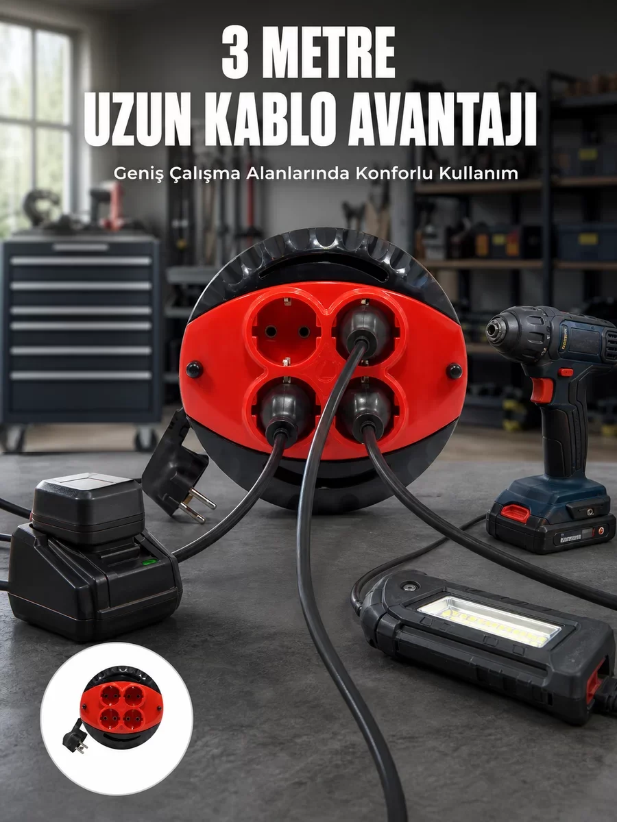 3 Metre Kablolu 4’lü Kırmızı Priz Makarası - Pratik Enerji Çözümü ve Güvenli Dağıtım