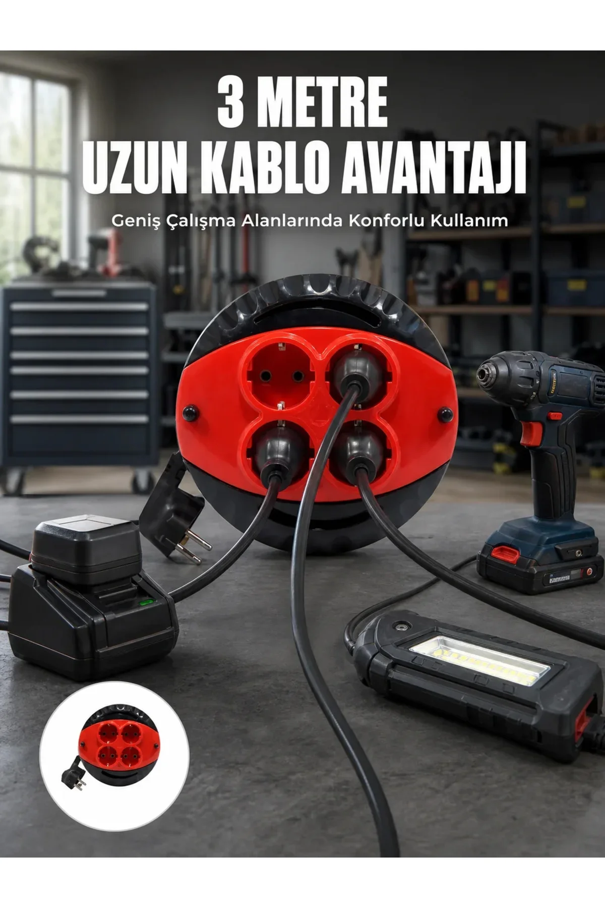 3 Metre Kablolu 4’lü Kırmızı Priz Makara 3 Metre Kablolu 4’lü Kırmızı Priz Makara