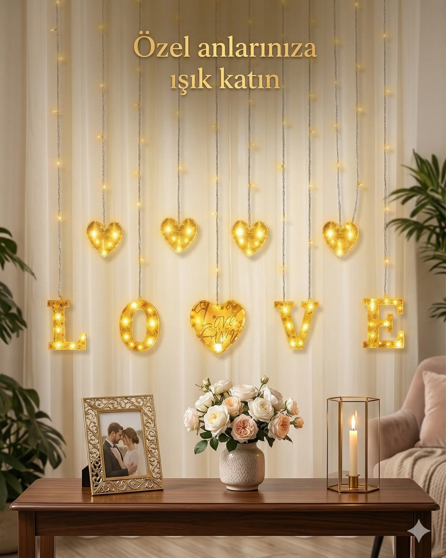3 Metre Perde Led Işık - 8 Modlu Kalp ve LOVE Figürlü Dekoratif Animasyonlu Led