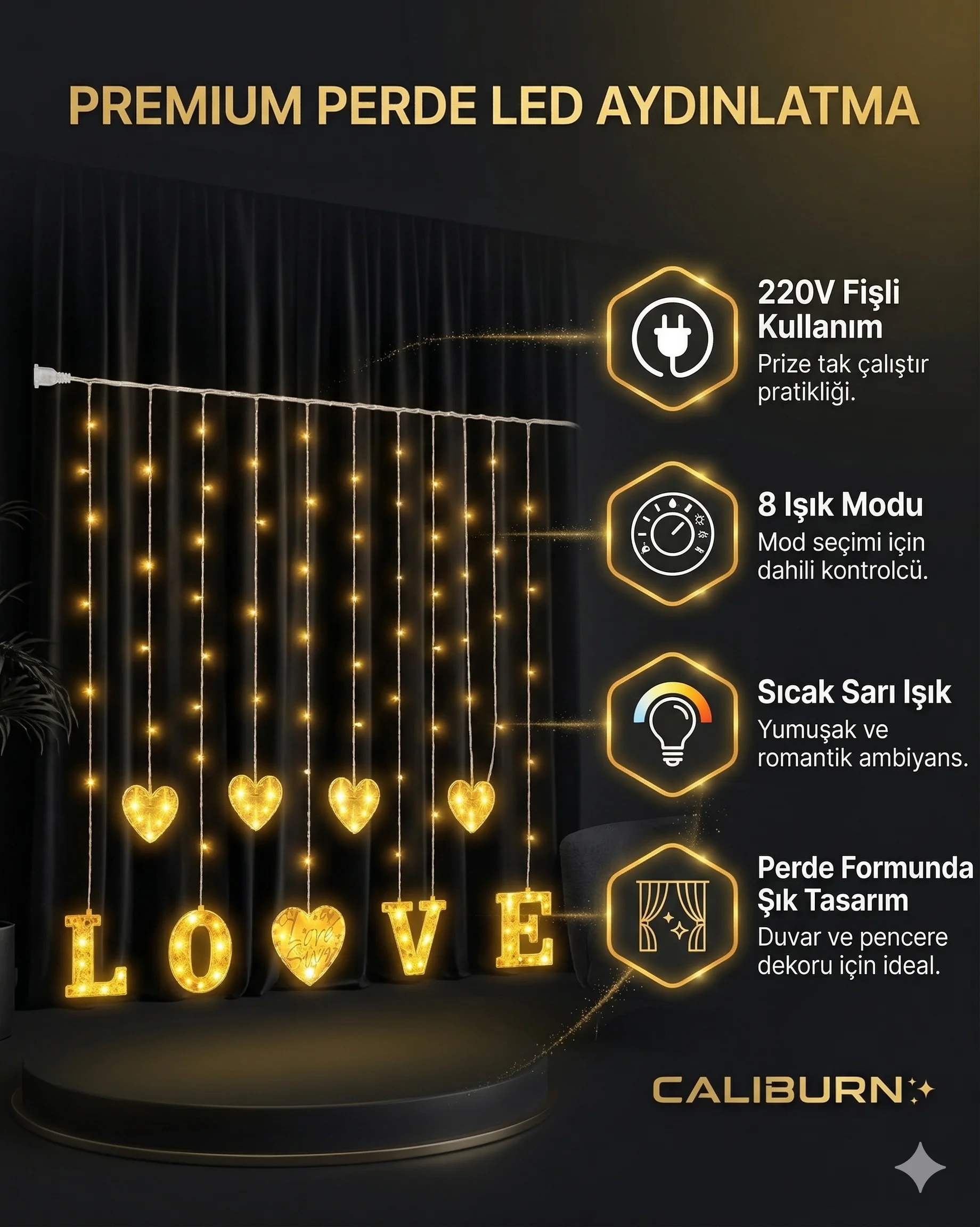 3 Metre Perde Led Işık - 8 Modlu Kalp ve LOVE Figürlü Dekoratif Animasyonlu Led
