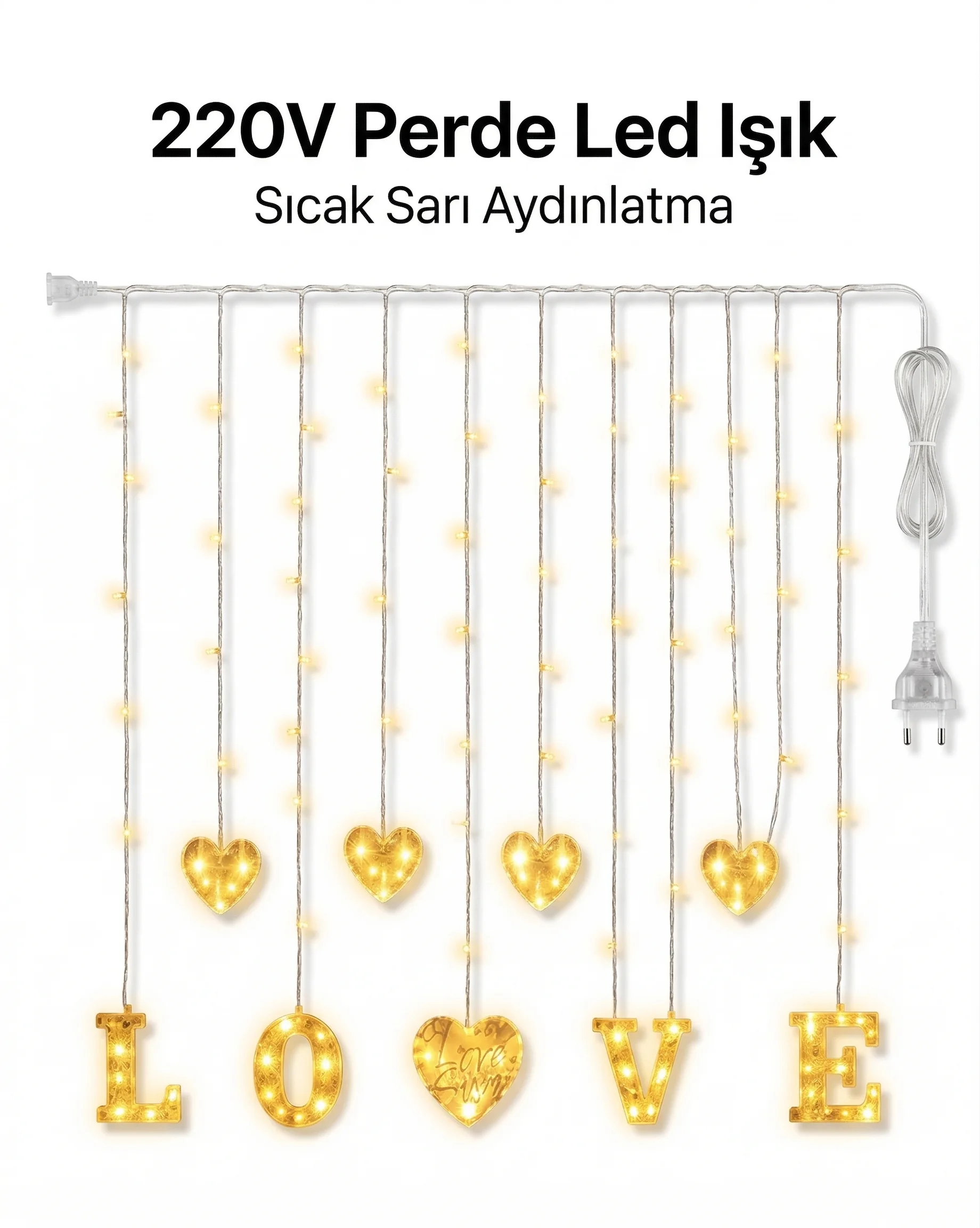3 Metre Perde Led Işık - 8 Modlu Kalp ve LOVE Figürlü Dekoratif Animasyonlu Led