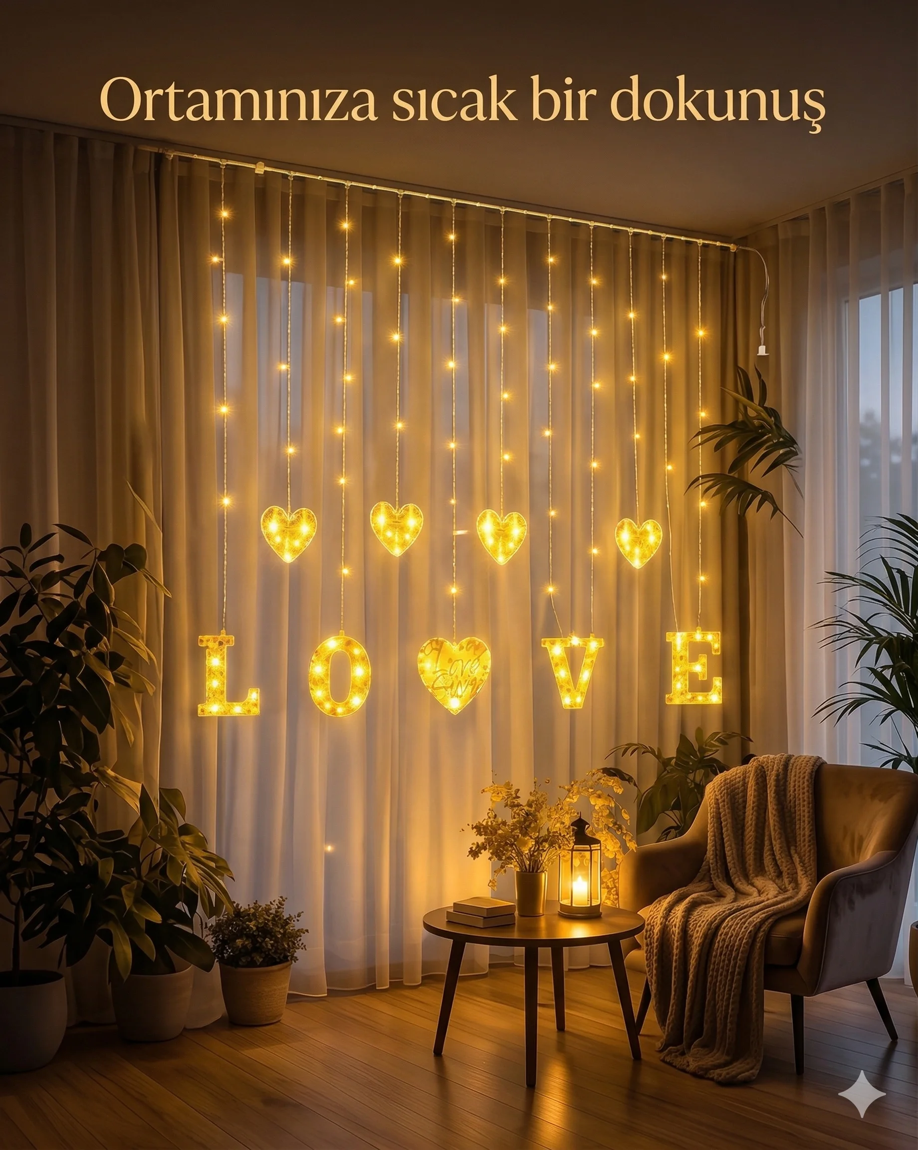 3 Metre Perde Led Işık - 8 Modlu Kalp ve LOVE Figürlü Dekoratif Animasyonlu Led