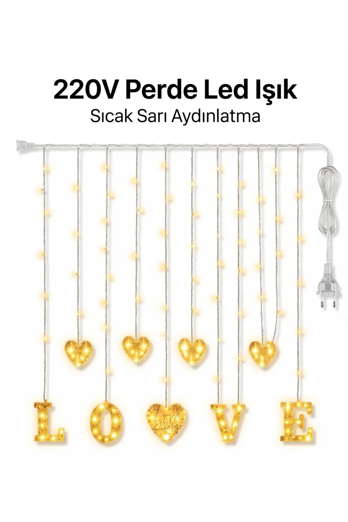 3 Metre Perde Led Işık - 8 Modlu Kalp Ve Love Figürlü Dekoratif Animasyonlu Led - Görsel 2